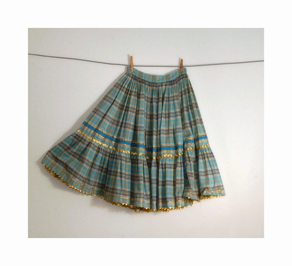 Vintage rockabilly skirt hand made plaid vintage 1950s full sweep pleated turquoise aqua check small