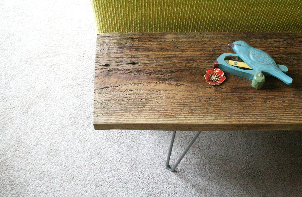 modern reclaimed elemental wood bench with hairpin legs, vintage upcycled industrial