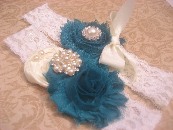 Bridal Garter Set Toss Garter included Teal and Ivory Lace with Rhinestones and Pearls  Custom Wedding colors