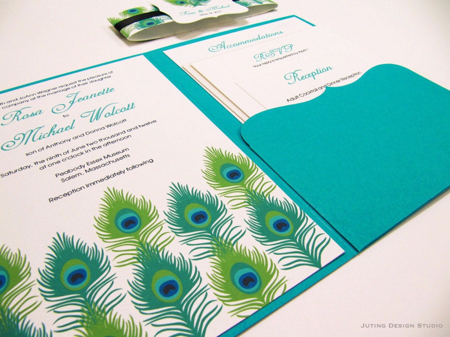 Pocketfold Wedding Invitation Suite, Peacock Feather- Sample