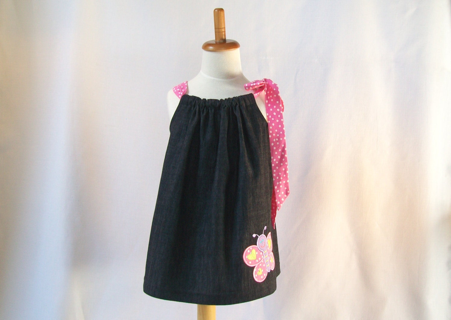 Spring Cleaning Sample Sale - Girl's Toddlers Pillowcase Dress - Denim with Happy Butterfly Applique RTS Size 3T