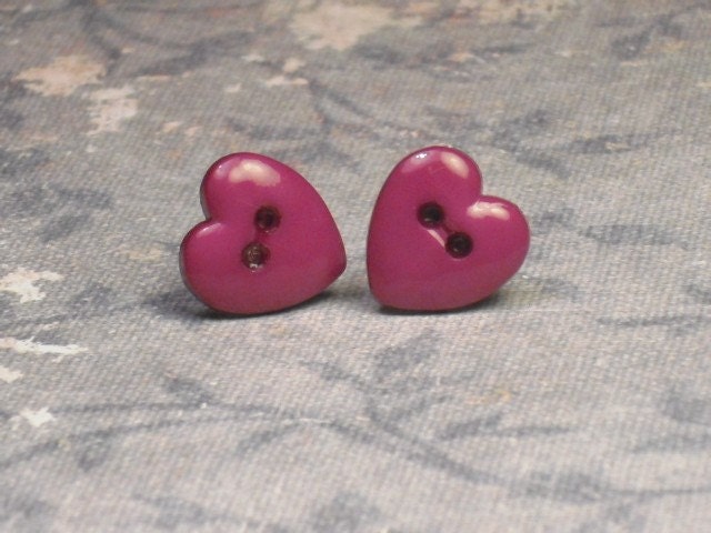 Magenta Heart Button Stud Earrings