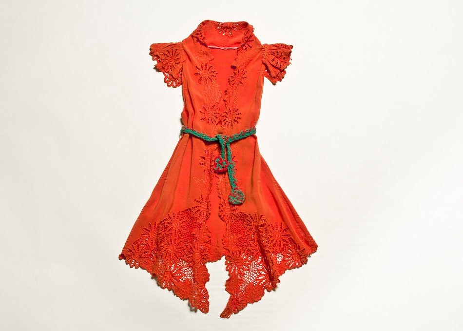 Girls Summer Cover Up, Fits Children Ages 4 - 6 Repurposed Kids Clothes, Upcycled Beach Coverup, Orange and Green, Tangerine Skies at Sunset - Sophiestory