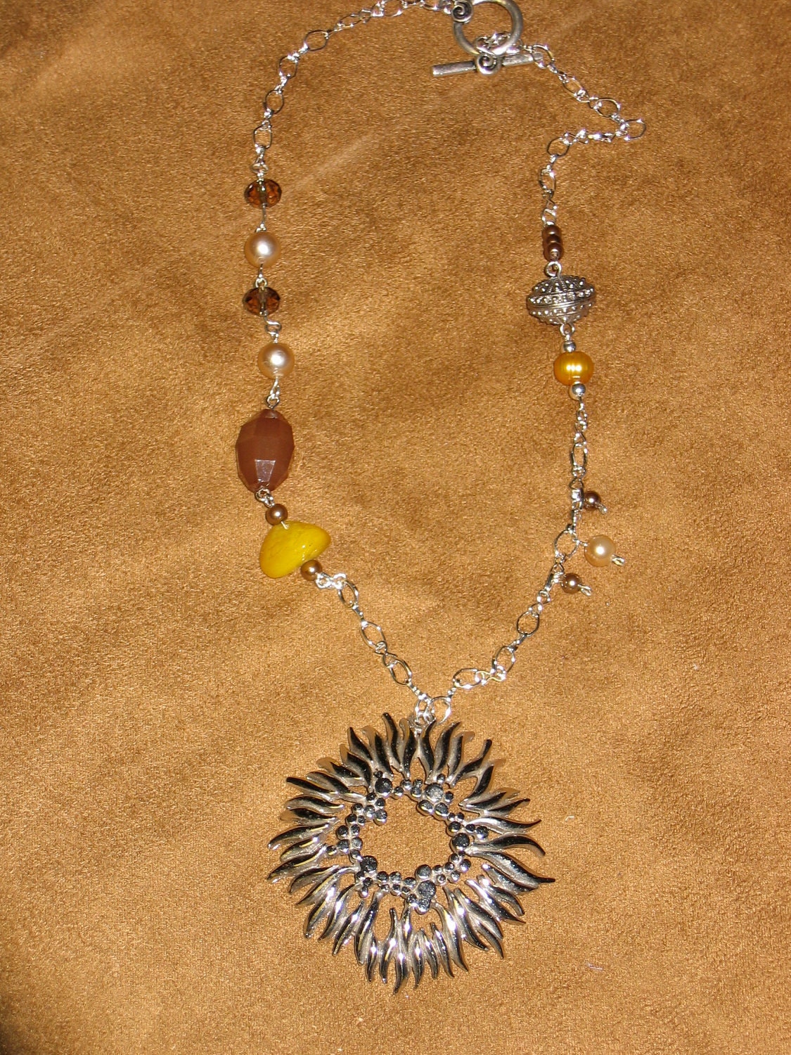 Silver sunflower pendant necklace with fall colors