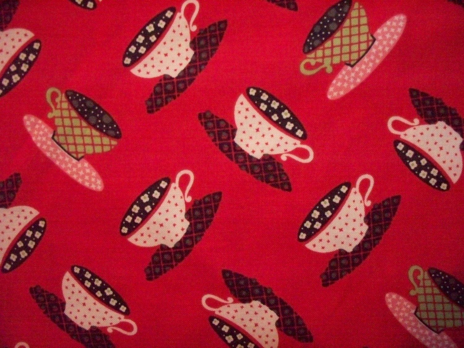 vintage scizzors Red tea by Cups Cotton Coffee Cups  Retro OOP Tea Fabric cup fabric