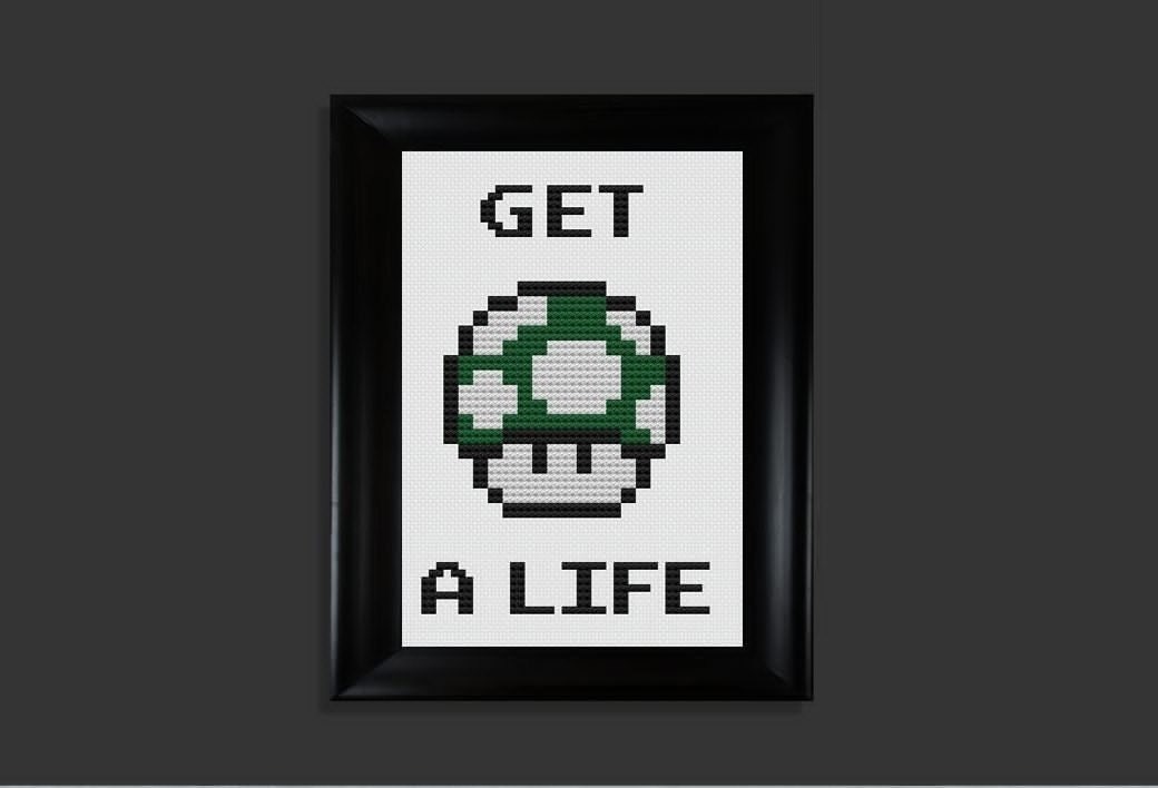 Get a Life Mario 1Up cross stitch pattern PDF