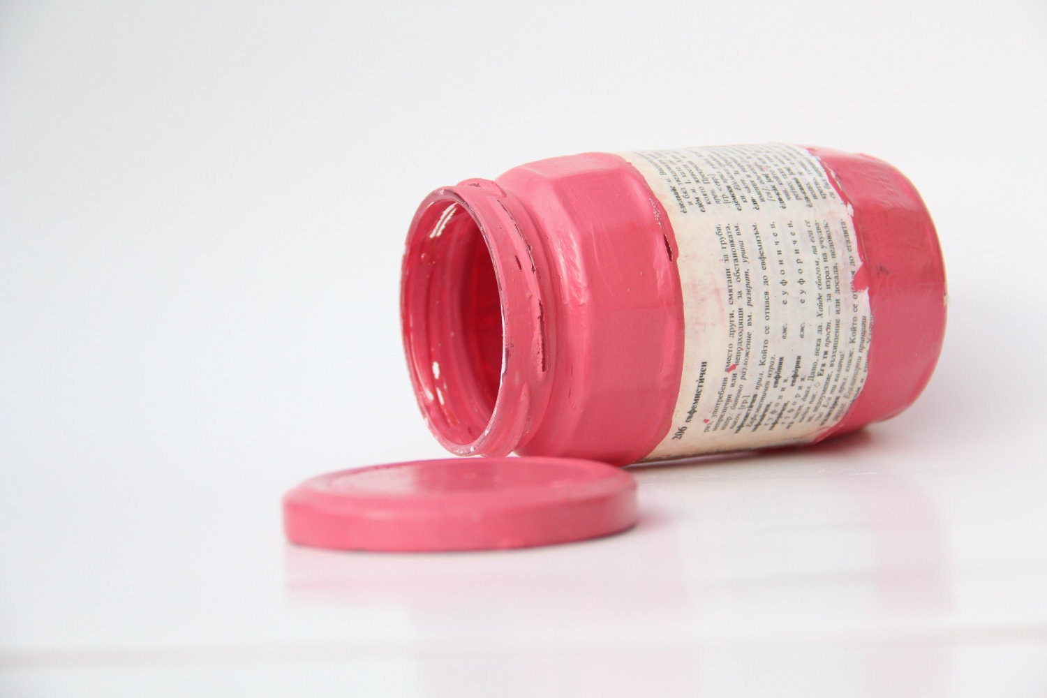 Pink glass jar, shabby chic flower pot, vase, candle holder, kitchen storage, painted, distressed