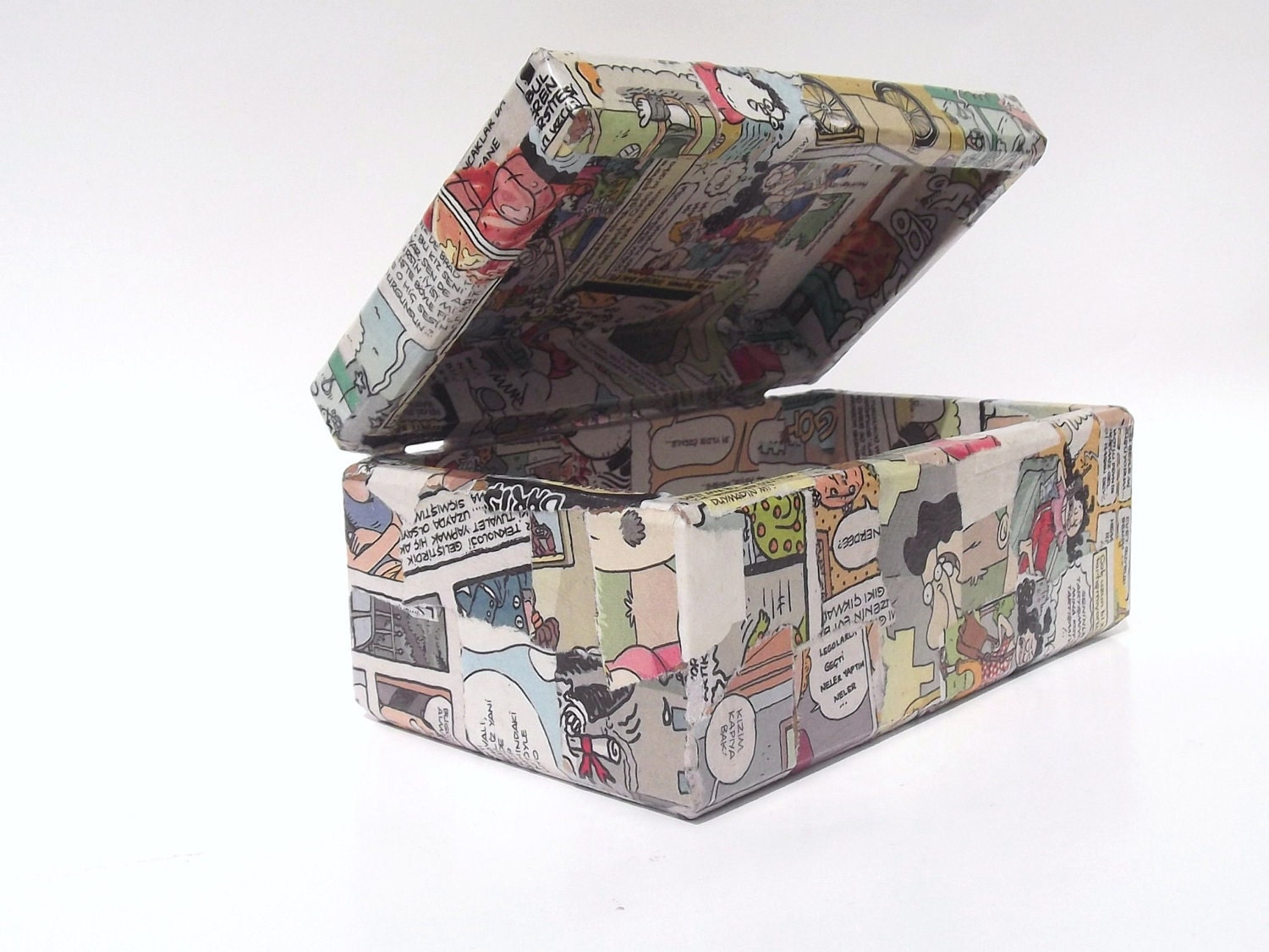 Funky decoupage box, quirky unusual home decor, cartoon newspaper upcycled keepsake