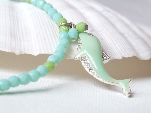 Mystery of Ocean - beaded necklace with a dolphin charm in aqua blue and lime green - ooak , holidays , beachwear