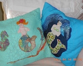 mermaid appliqued pillows a set of 2 gorgeous blue quilted 15x15 includes insert too.Handmade in the USA.