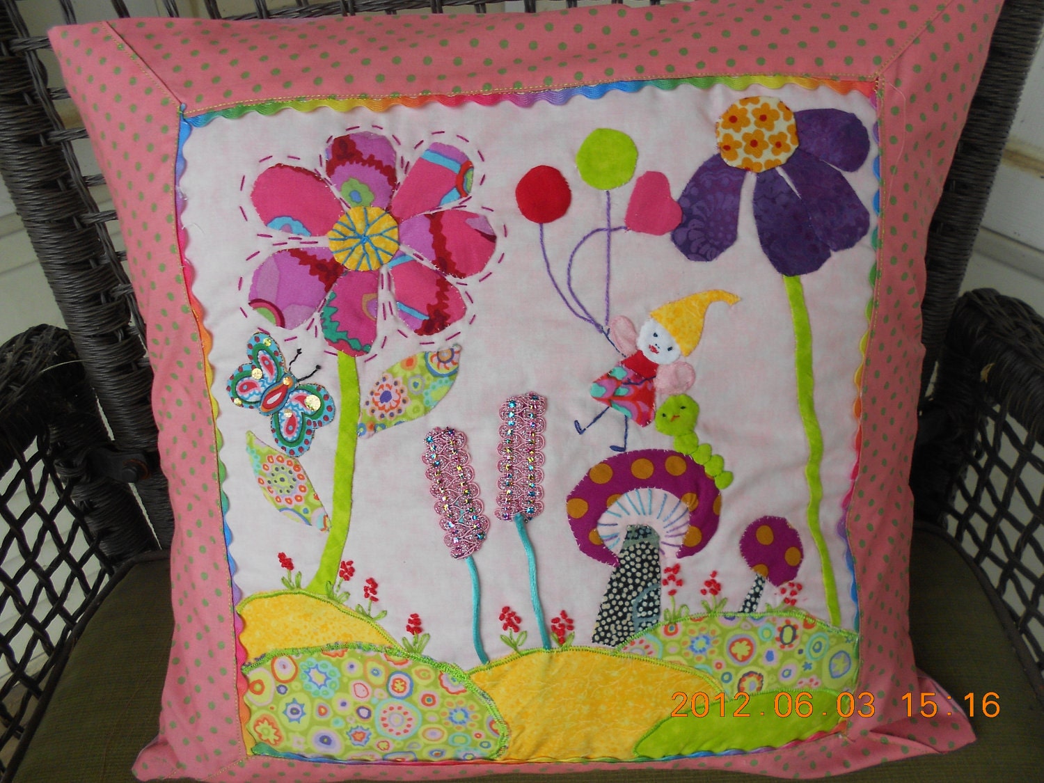 Storybook happy pillow with a fairy, hand and machine stitched 16x16.