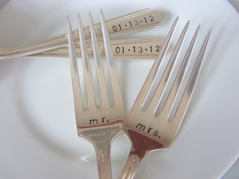 Hand Stamped Wedding Silverware Dinner Forks Mr and Mrs