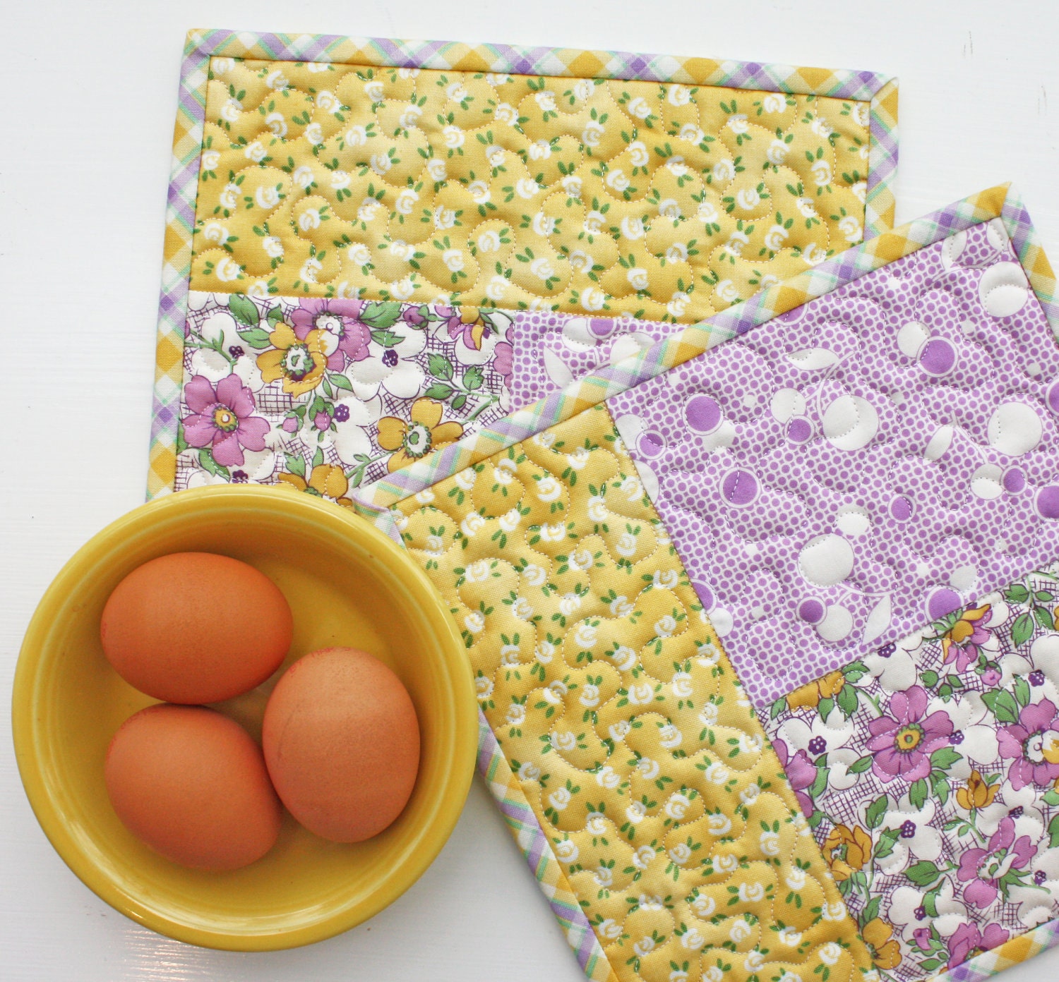 Simply Spring - Handmade Quilted Potholders in Lavender and Yellow