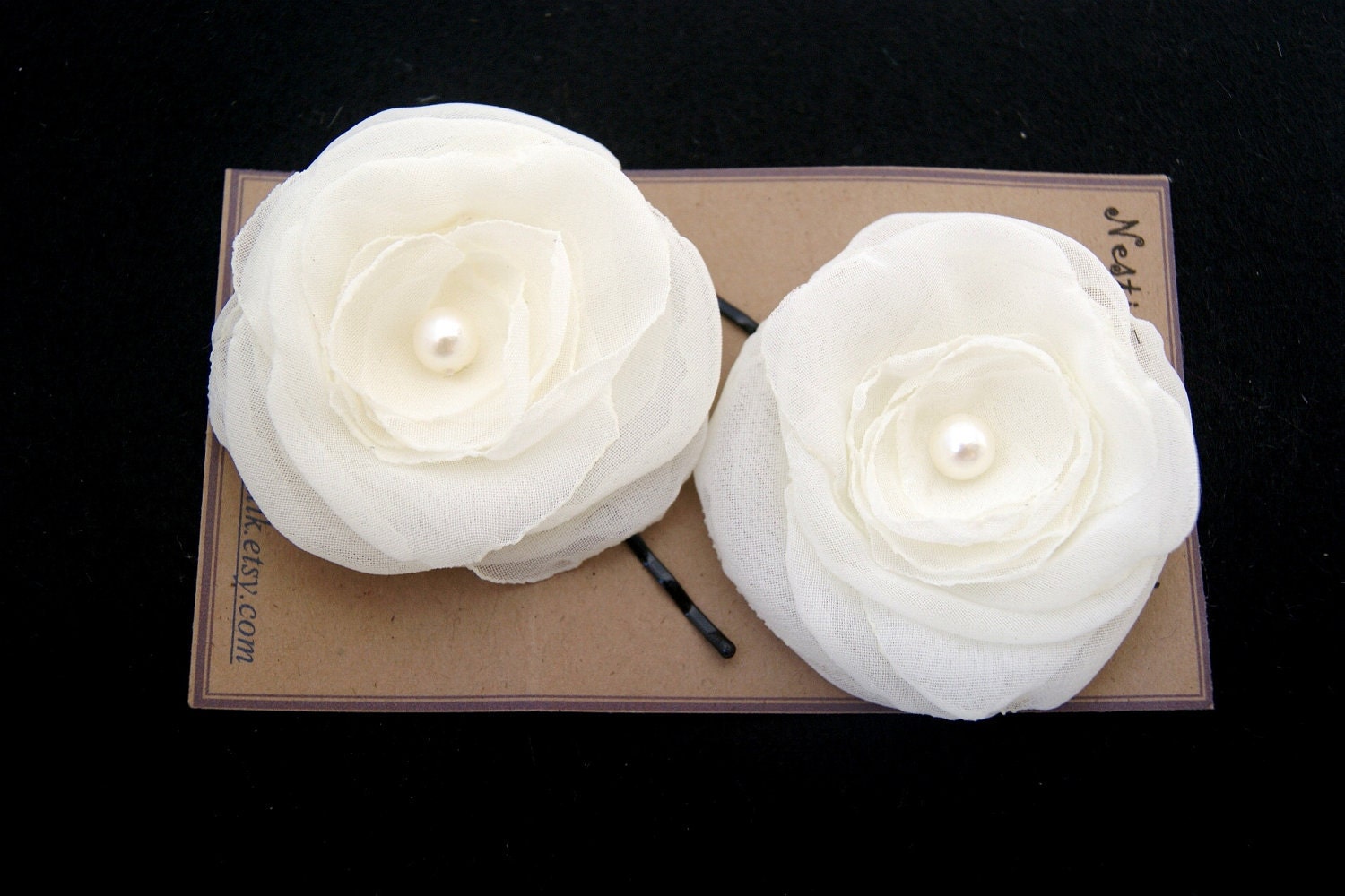 ivory bobby pin in chiffon and pearl- set of 2
