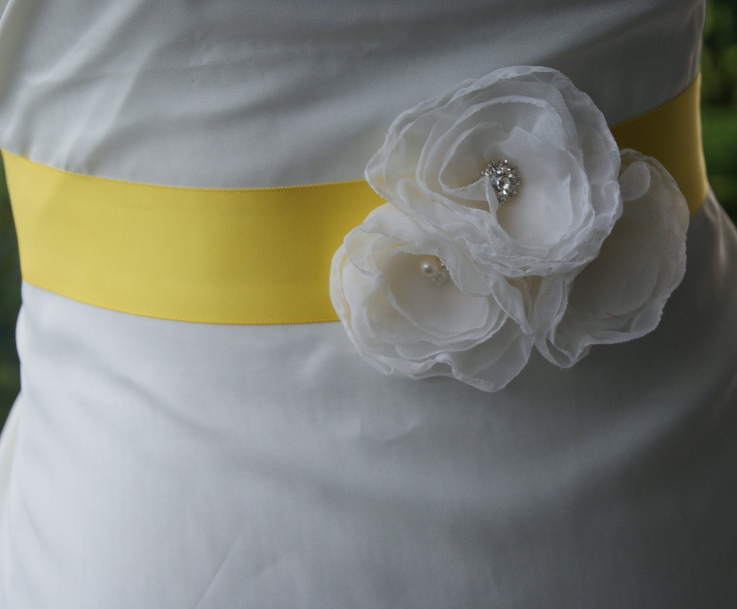 daffodil yellow bridal sash with triple diamond white wedding flower sash on a satin ribbon
