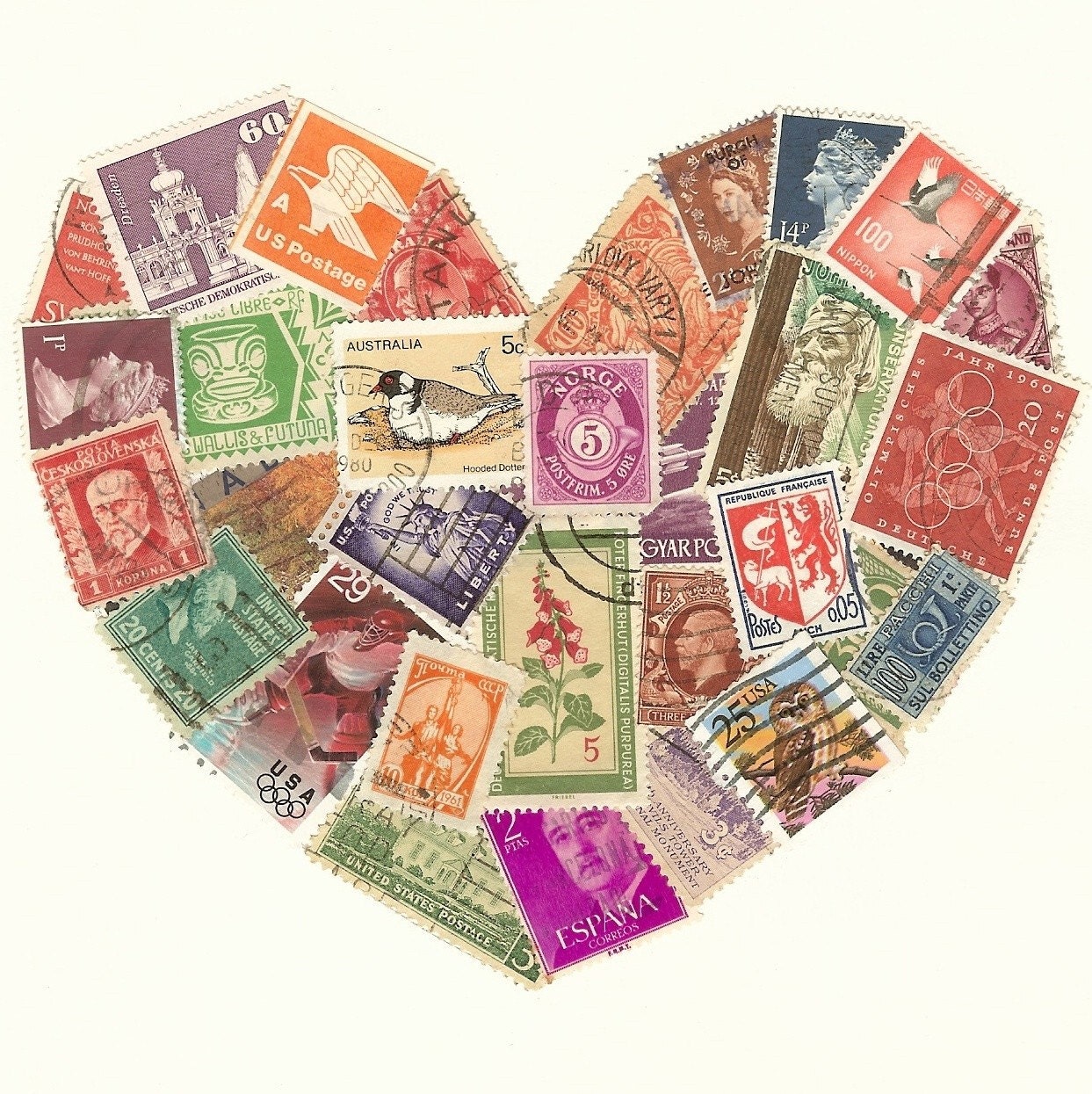 Postage Stamp Heart Collage Multi-colored OOAK by SailThouForth