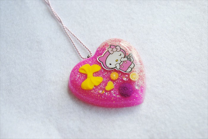 Kawaii Hello Kitty Pink Candy Heart Resin Pendant and Necklace
