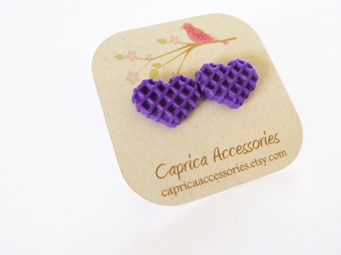 Purple heart shaped waffle earrings