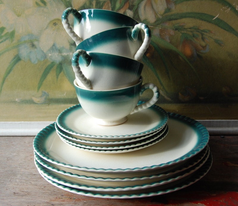 Early Shabby Set Of Twelve Turquoise Dishes Serves Four
