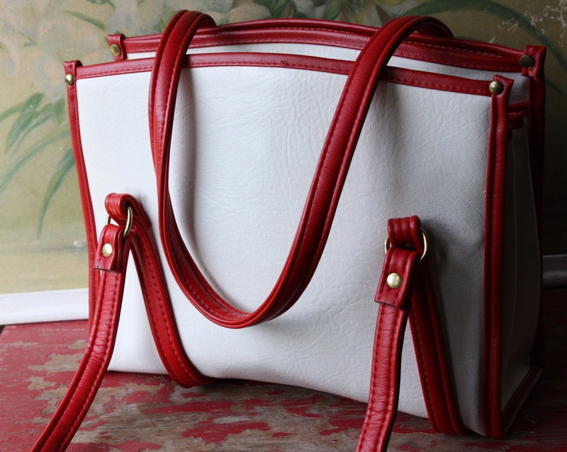 Large Faux Leather White And Red Handbag