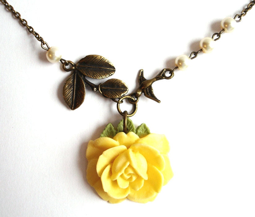 A Lovely Buttercup Yellow Rose Ivory Glass Pearls - Leafy Branch, Wedding Jewelry, Bride.