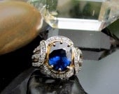 Blue Sapphire Anniversary Ring in 14k Gold and Diamond Halo Setting September Birthstone Gemstone