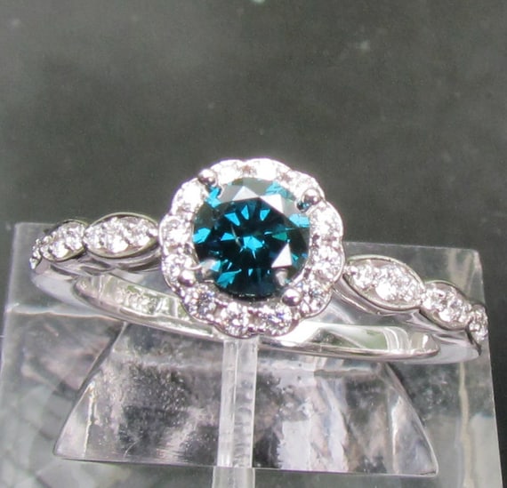 Blue Diamond Engagement Ring In 14k Gold and Diamond Halo Matching Band Available Bridal Jewelry Wedding Set