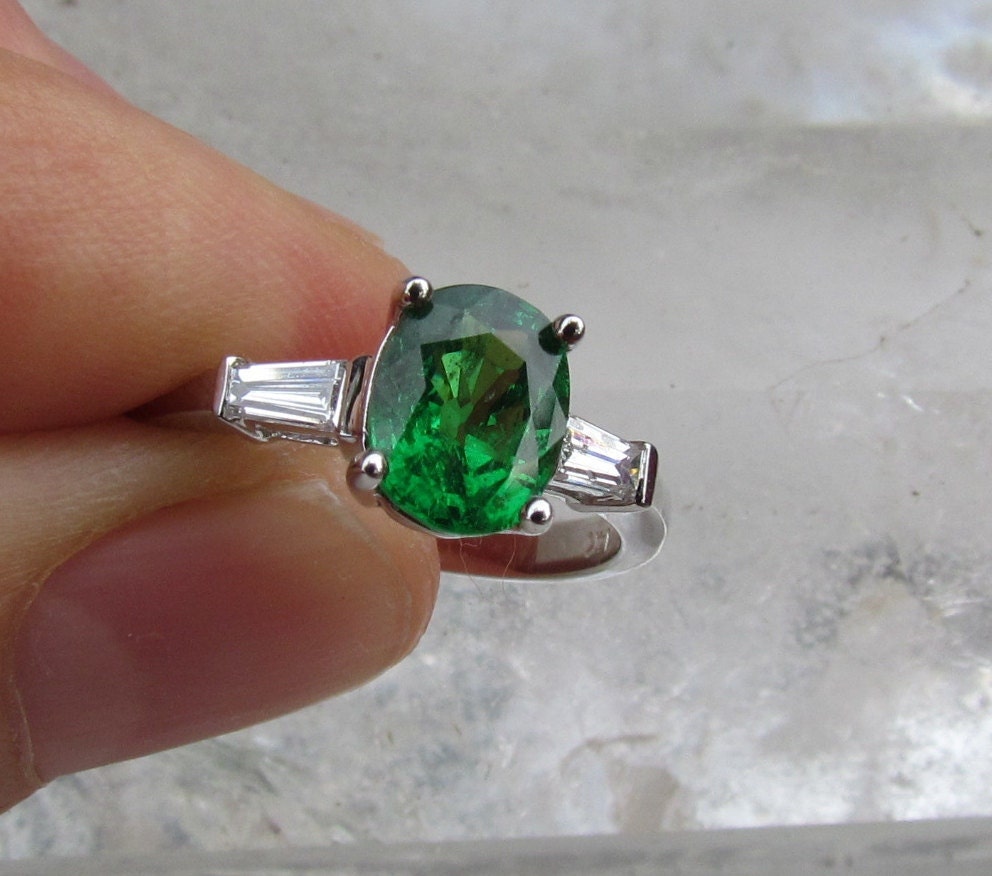 Fine Tsavorite 14k White Gold and Baguette Diamond Engagement Ring January Birthstone Gemstone Jewelry