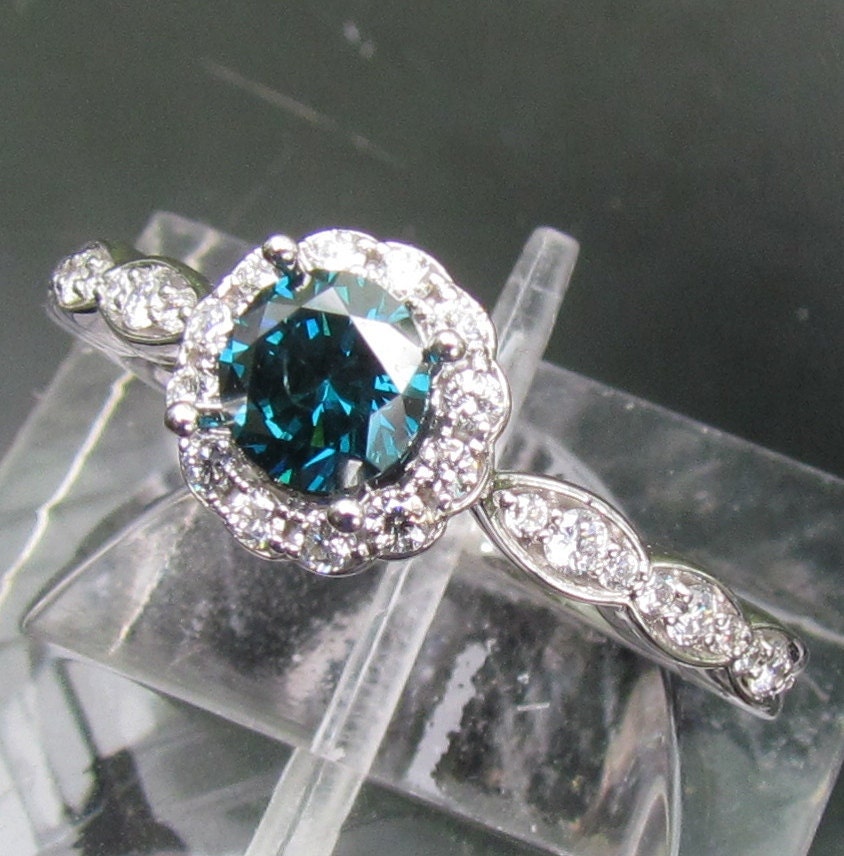 Blue Diamond Engagement Ring In 14k Gold and Diamond Halo Matching Band Available Bridal Jewelry Wedding Set