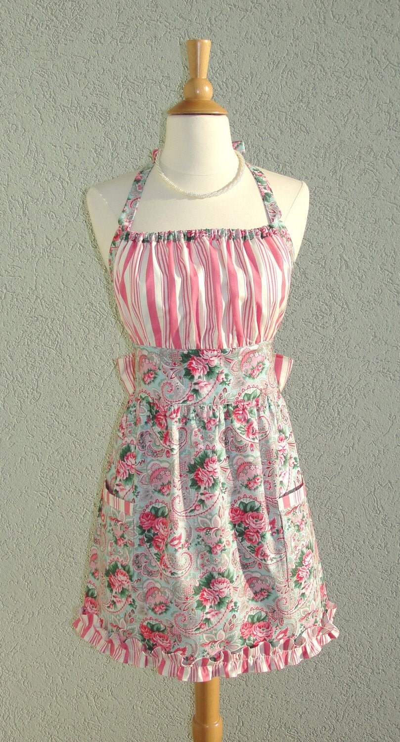 Cute Bennett Apron in Aqua Rose Paisley Floral with a Candy Cane Ticking Stripe with a flirty ruffle - Ready to Ship