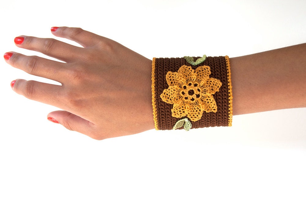 Crochet fashion cuff bracelet, delicate fall floral, chocolate coffee brown band, autumn gold flower, olive green leaves, fall fashion