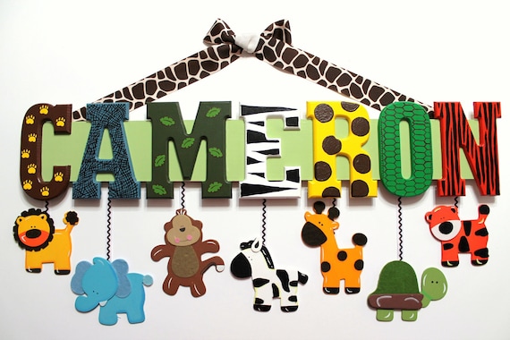 Zoo Animal Name Sign (7 Letters) - Custom Hand Painted Wood Letters on a Personalized Wall Hanging for Nursery or Child's Bedroom