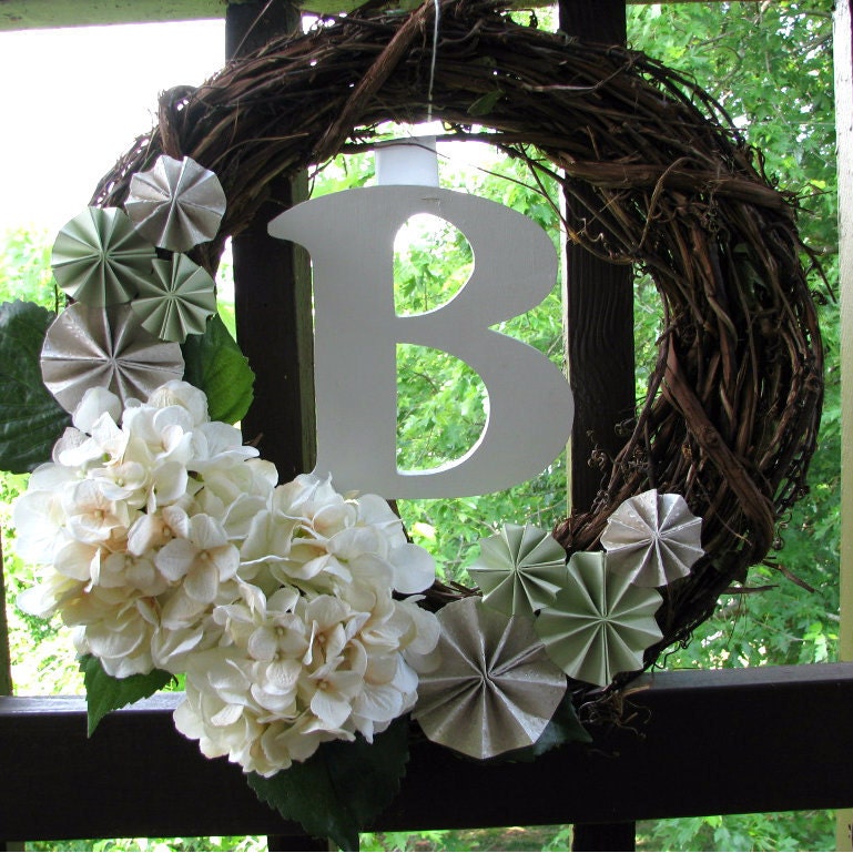 The Hydrangea Paper Fan Grapevine Monogram Wreath Personalized Gift Under 50