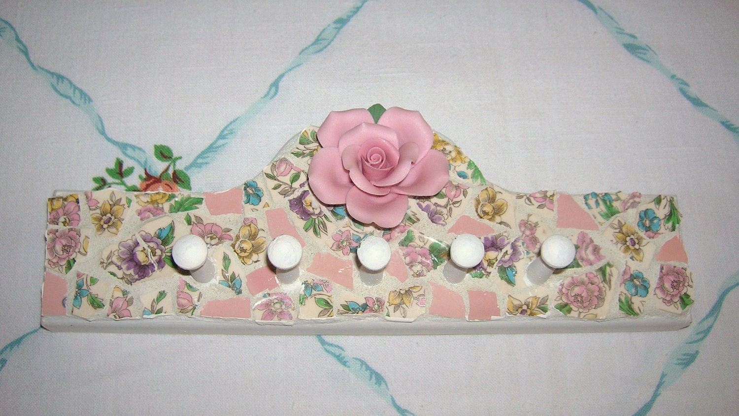 Pink Roses Broken China Mosaic Shabby Chic Display Hanger SALE.
