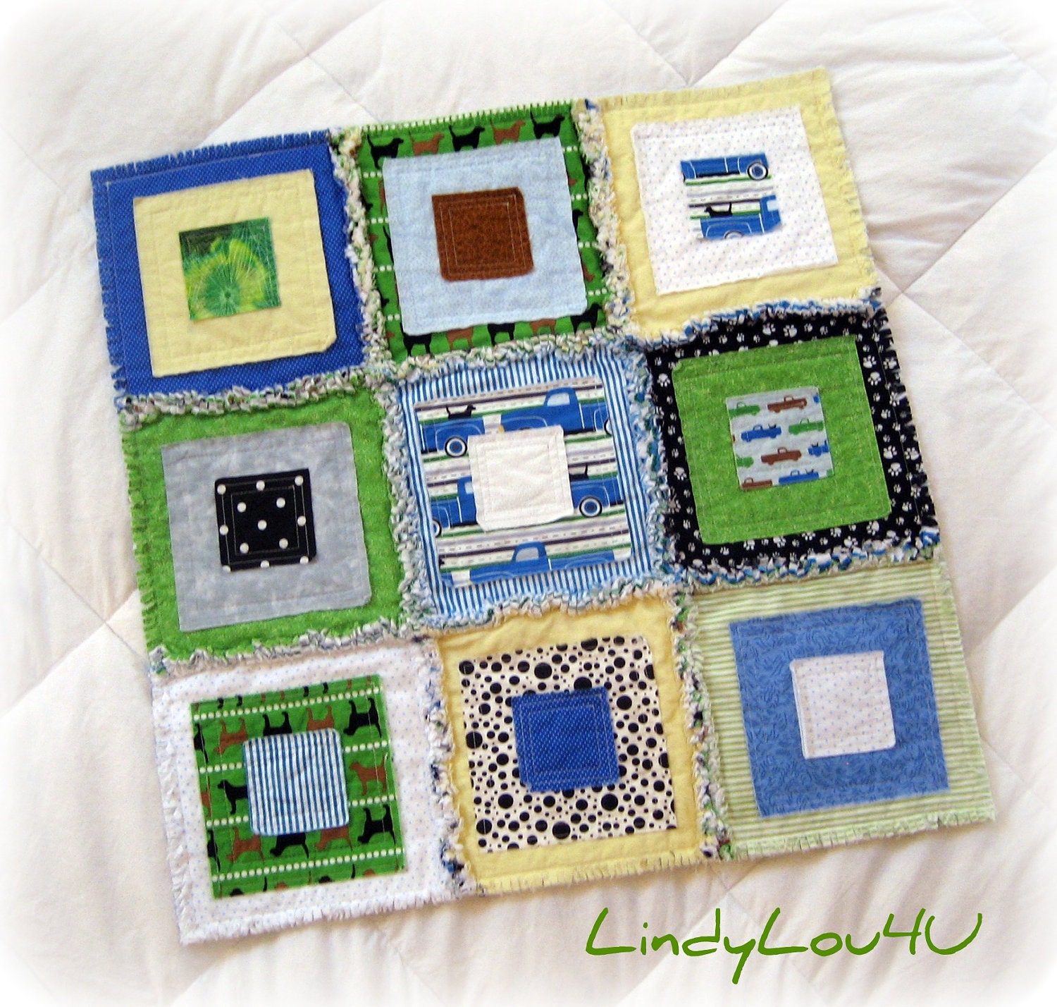 Pet Blanket - Child Bed Pet Quilt Pet Lover Home Decor Gladdy Tatty Original Blue Green Pastel Yellow Pooches and Pickups