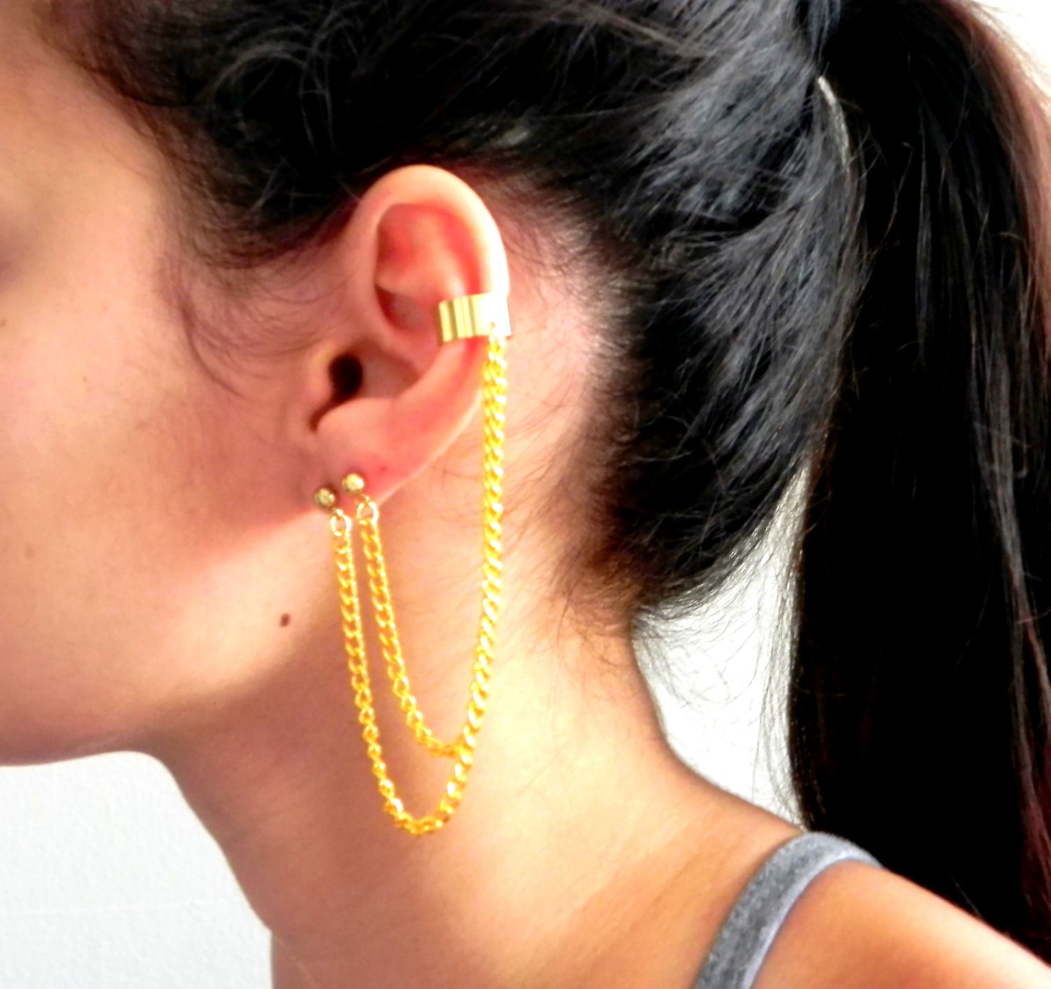 Double Piercing Cascading Chain Ear Cuff - Gold
