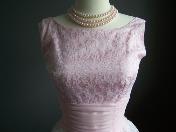 1950s 60s Vintage Pink Lace Tea Length Prom Party Dress Peggy Sue XS/Small