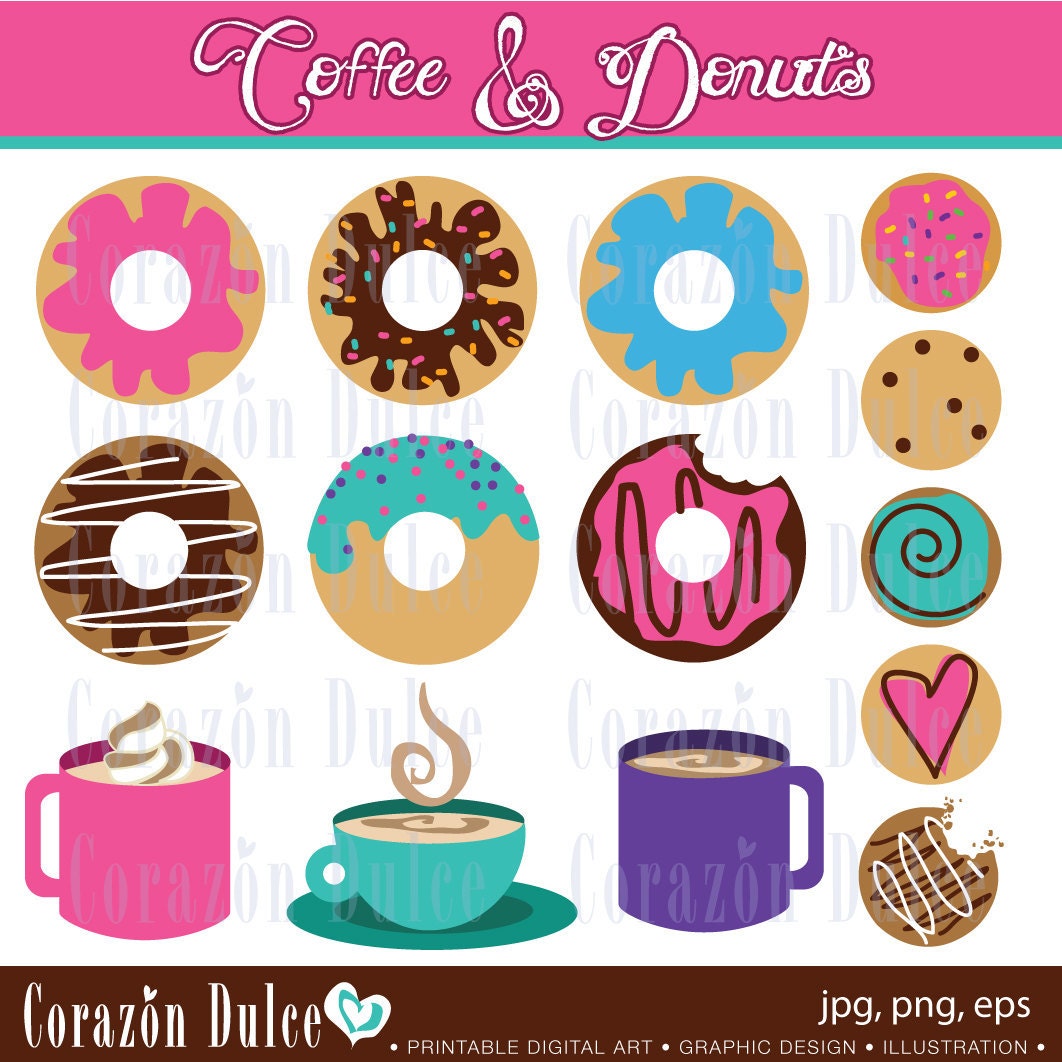 INSTANT DOWNLOAD  Donuts and coffee- Personal and Commercial Use Clip Art - corazondulce