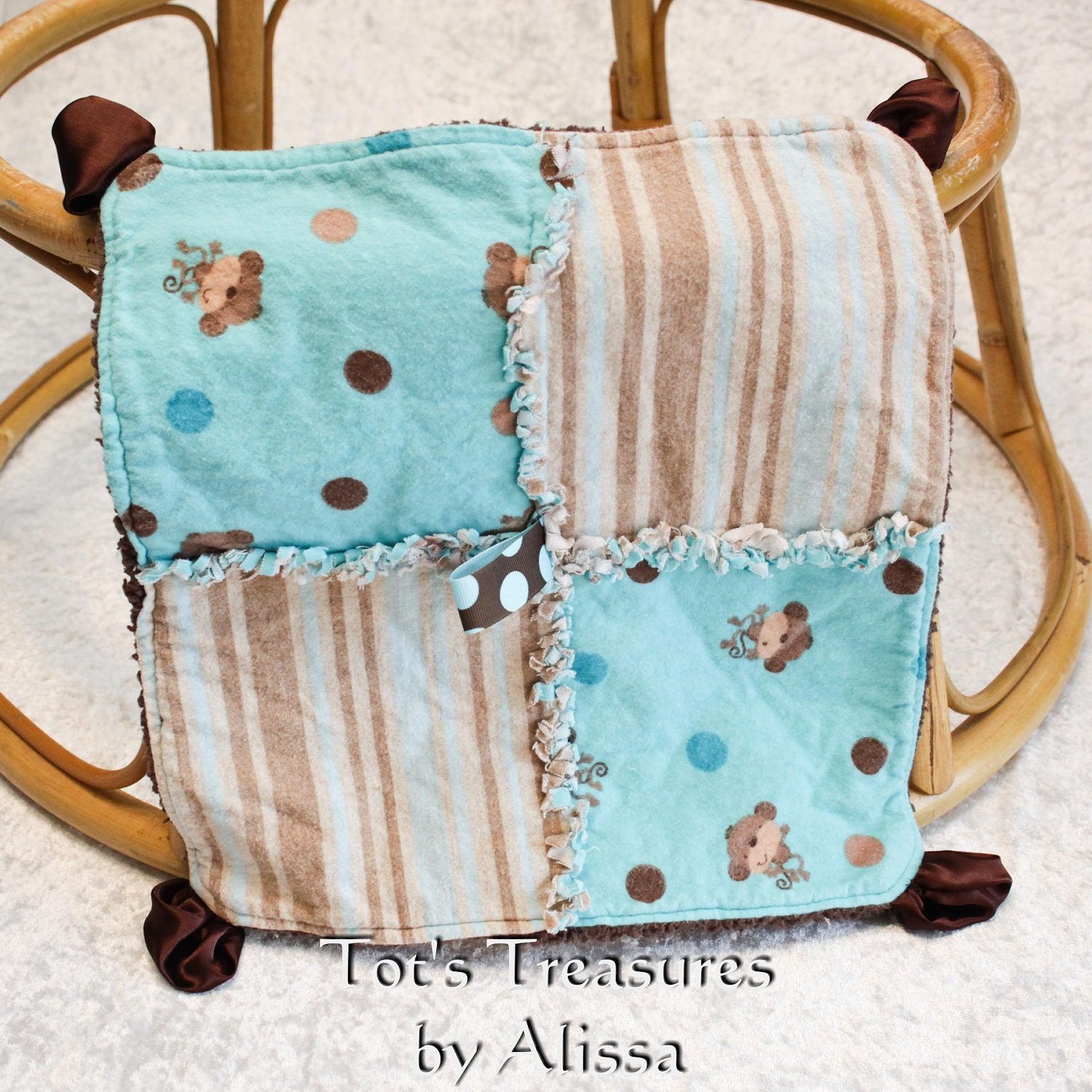 Monkey Security Blanket / Lovey....Monkey Ragged Flannel and Brown Minky Lovey and Gathered Satin Corners.......ready to ship