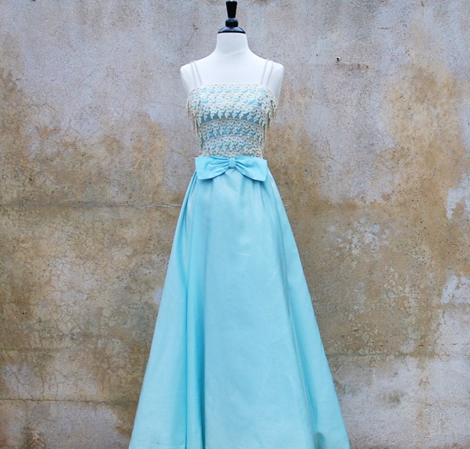 Vintage 1950's baby blue satin prom dress - 50's formal evening dress - extra small