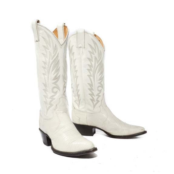 Vintage Women's Cowboy Boots by Justin White Lizard with Feather Stitch Women's Size 5 B - RabbitHouseVintage