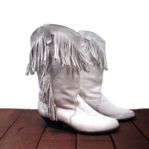 Women's Fringe Boots in White Leather by RabbitHouseVintage