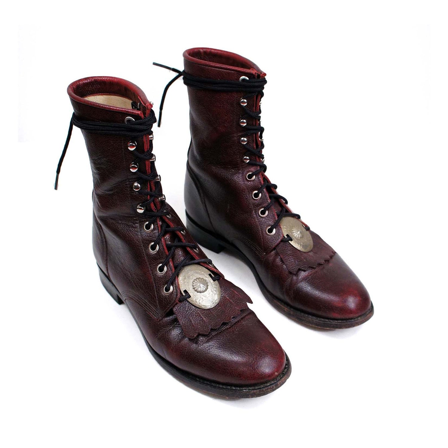 Southwestern Medallion Lacers / Black Cherry Pebbled Leather / Lace up Roper Boots by JUSTIN for Women's size 7