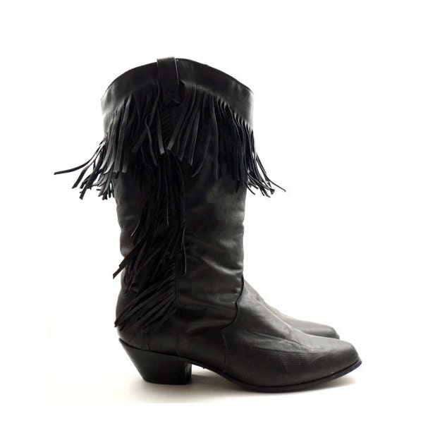 RESERVED for Amanda /// Black Fringe Boots in Southwestern Cowboy Styling by DINGO for Women's size 8