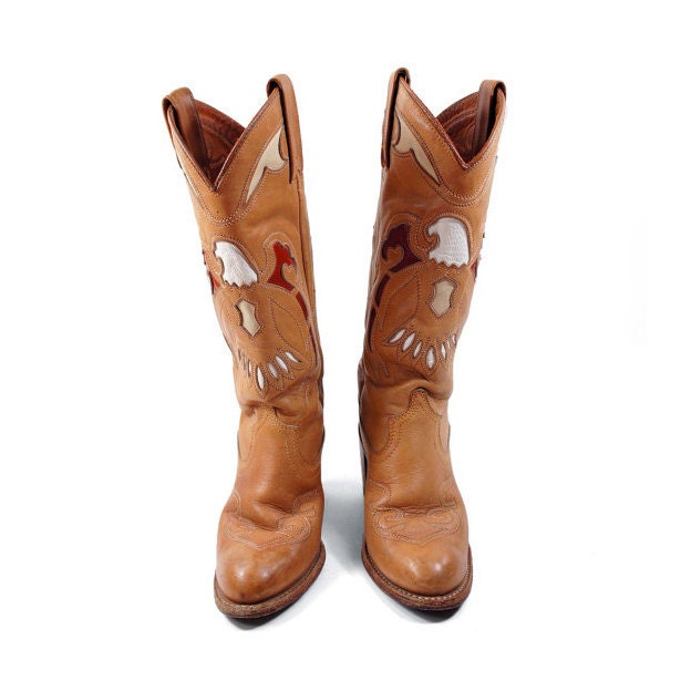 Women's Cowboy Boots by Vintage MISS CAPEZIO / Flying Eagle Inlay with Sandy Brown Leather with White, Cream, and Maroon for Women's size 5