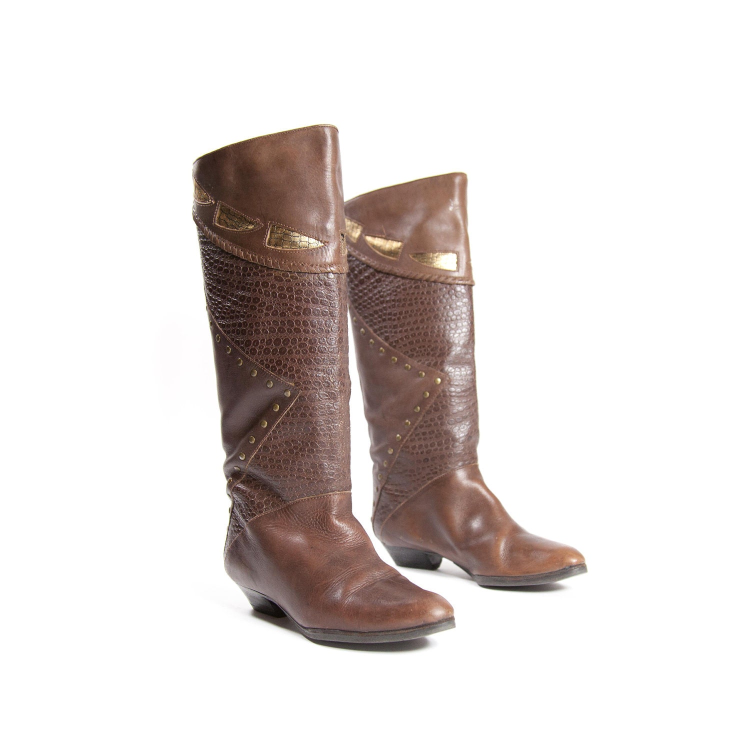 Brown and Gold Fashion Boots Studded with Animal Textured Leather for Women's size 8