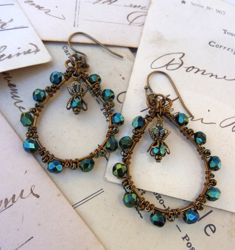 Wire Wrapped Earrings - Dangle Earrings - Czech Glass - Brass - Hoops - Peacock - Beaded Jewelry