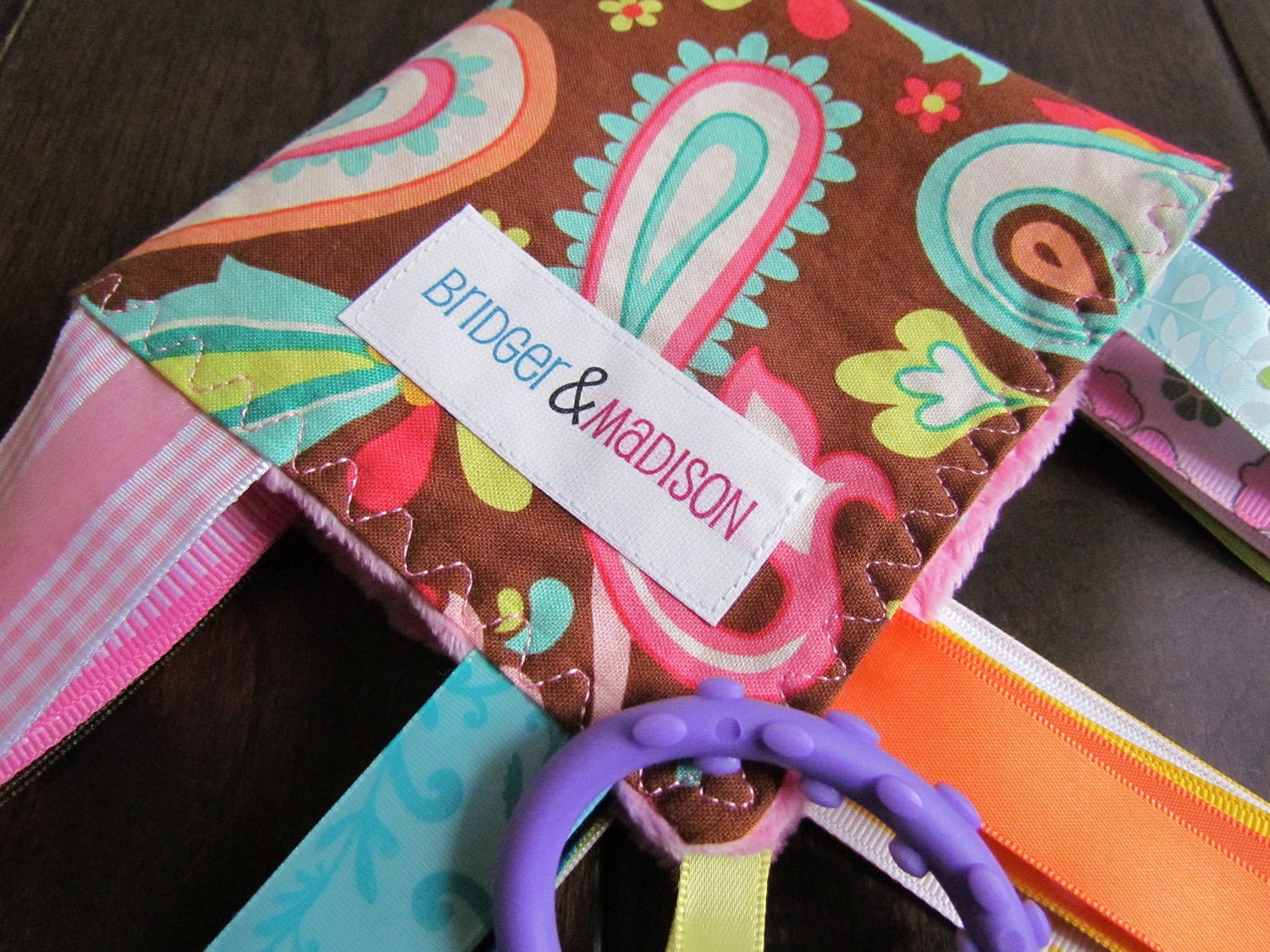 Baby Ribbon Blanket, Whimsical Paisley with Bright Pink Minky- READY TO SHIP