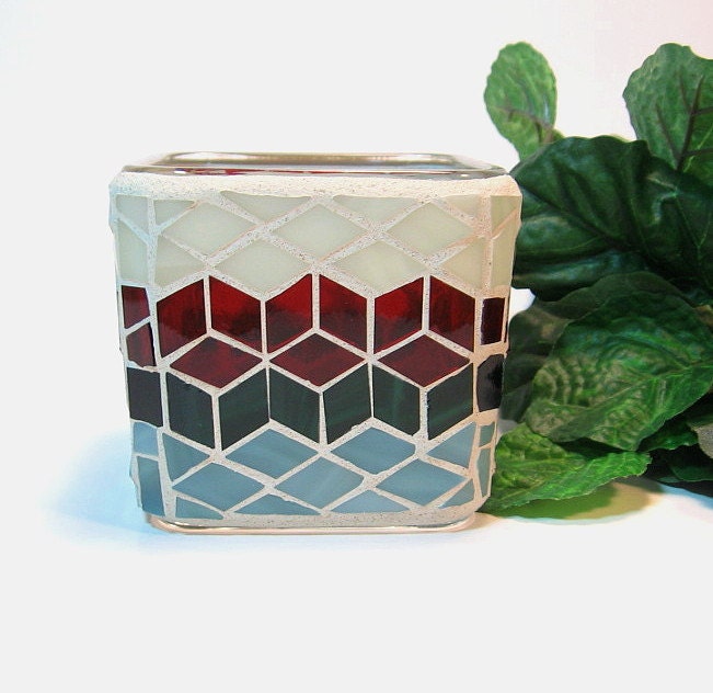 Stained glass mosaic votive candle holder green and red