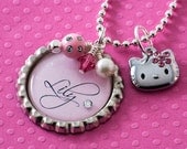 BACK IN STOCK Easter basket  Girl's Personalized Name Initial Bottlecap Bottle Cap Pink Rhinestone Metal Hello Kitty Charm Pendant Necklace